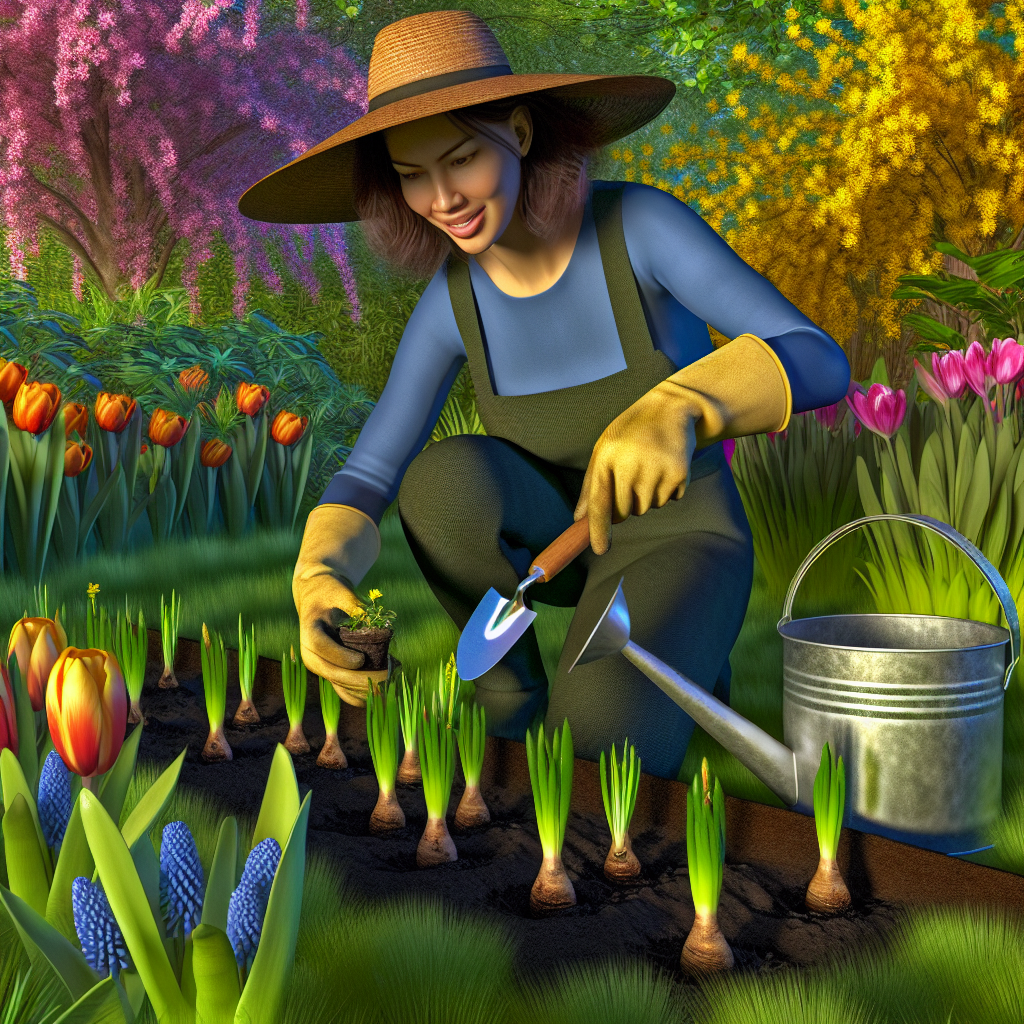 A beginner gardener tenderly caring for spring flower seedlings in a sunlit garden