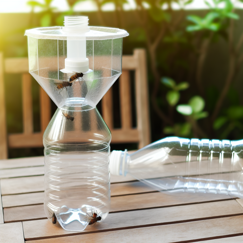 A completed DIY plastic bottle fly trap
