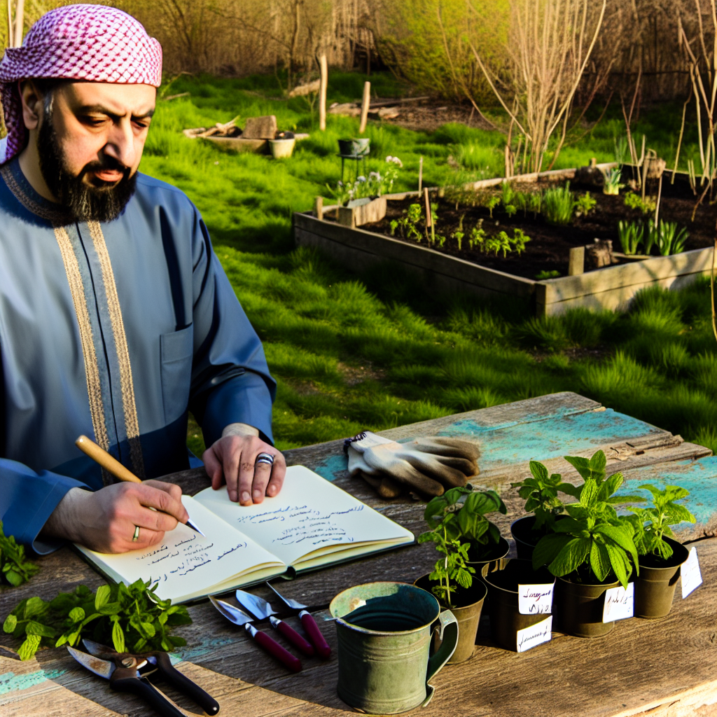 A gardener planning their next herb garden season with a notebook and gardening tools