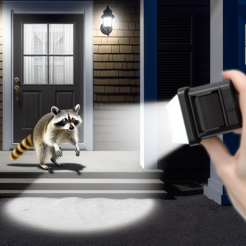 A raccoon being startled by a motion-activated light