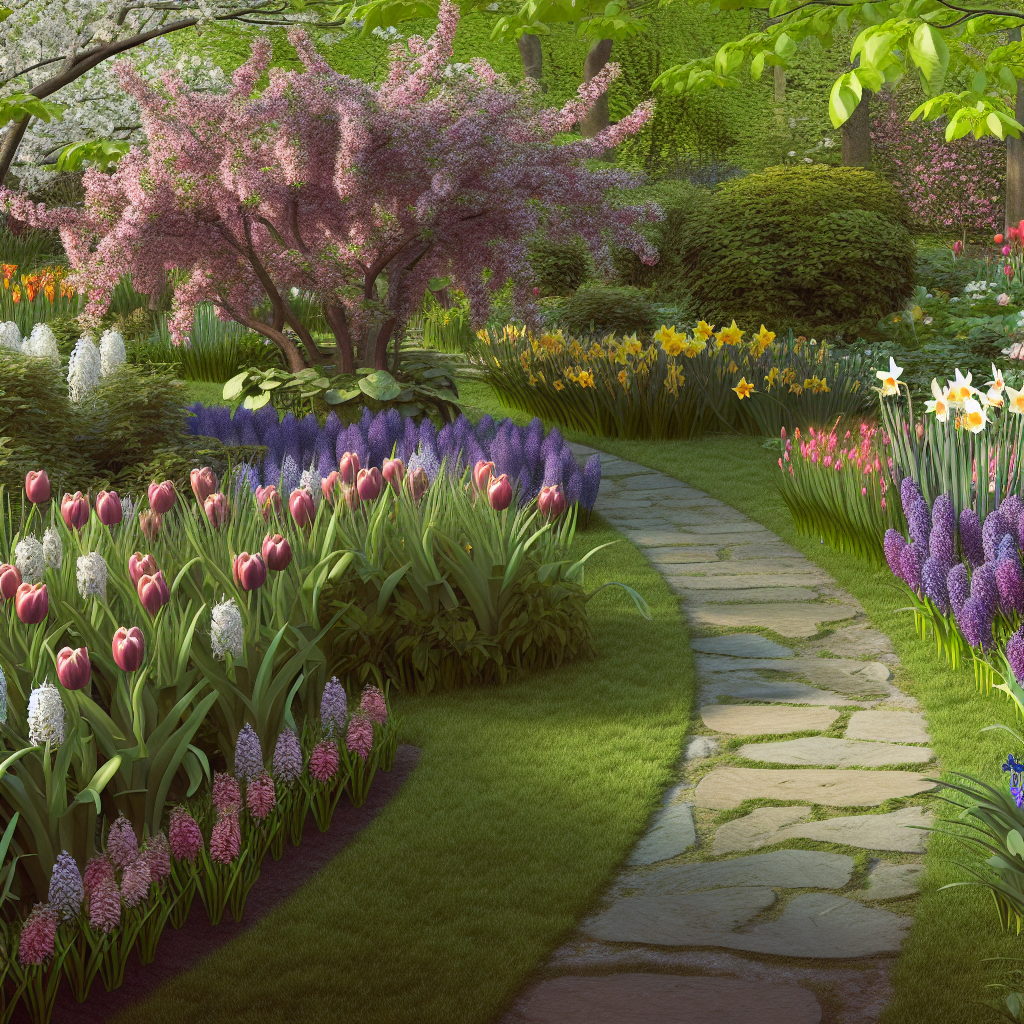 A serene garden path lined with a multitude of spring flowers in full bloom