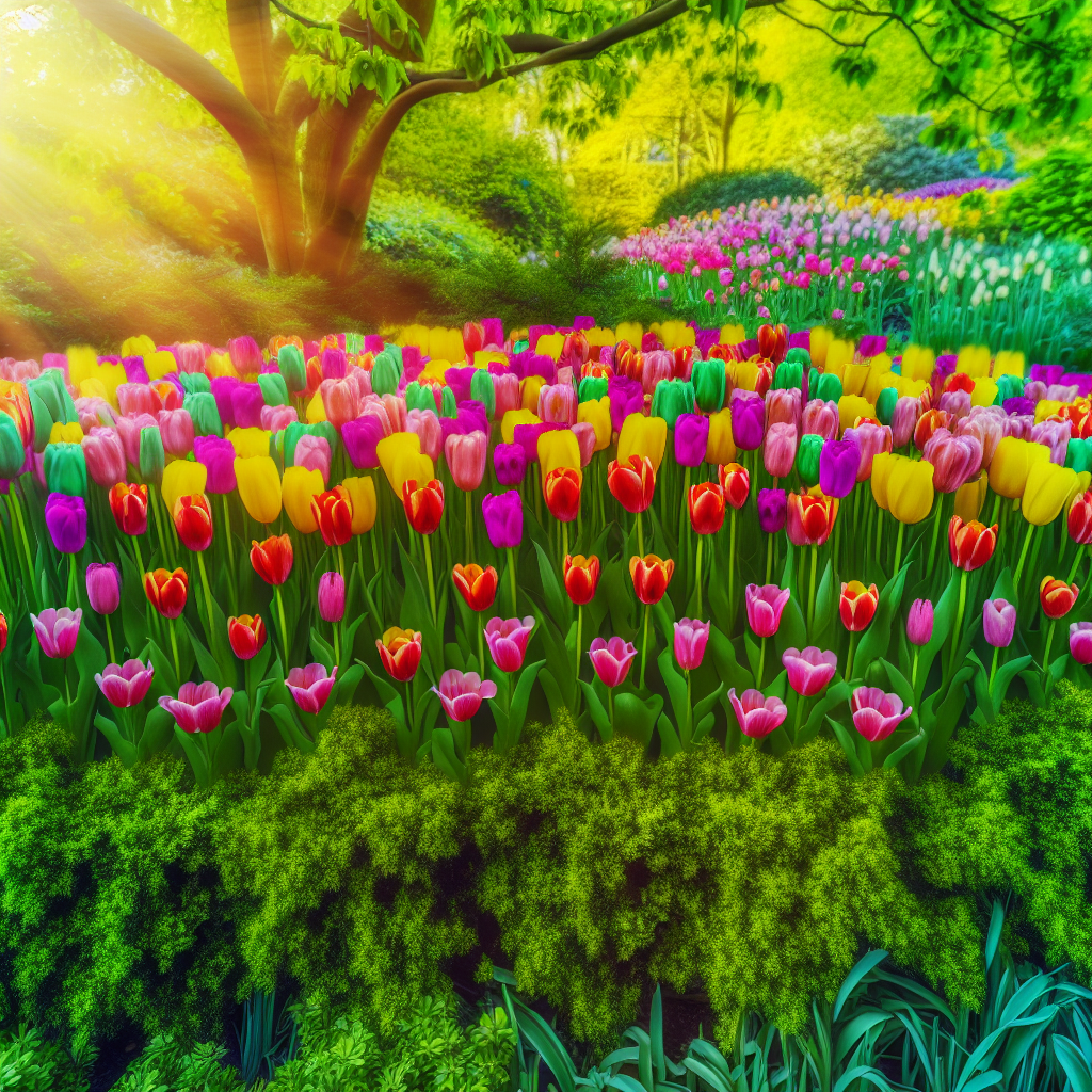 Array of colorful tulips blooming in a garden setting