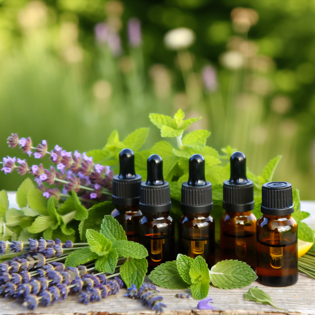 Assorted essential oils and herbs used for making DIY tick repellents