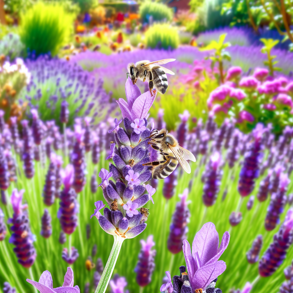 Bees pollinating vibrant lavender flowers in a sunny spring garden