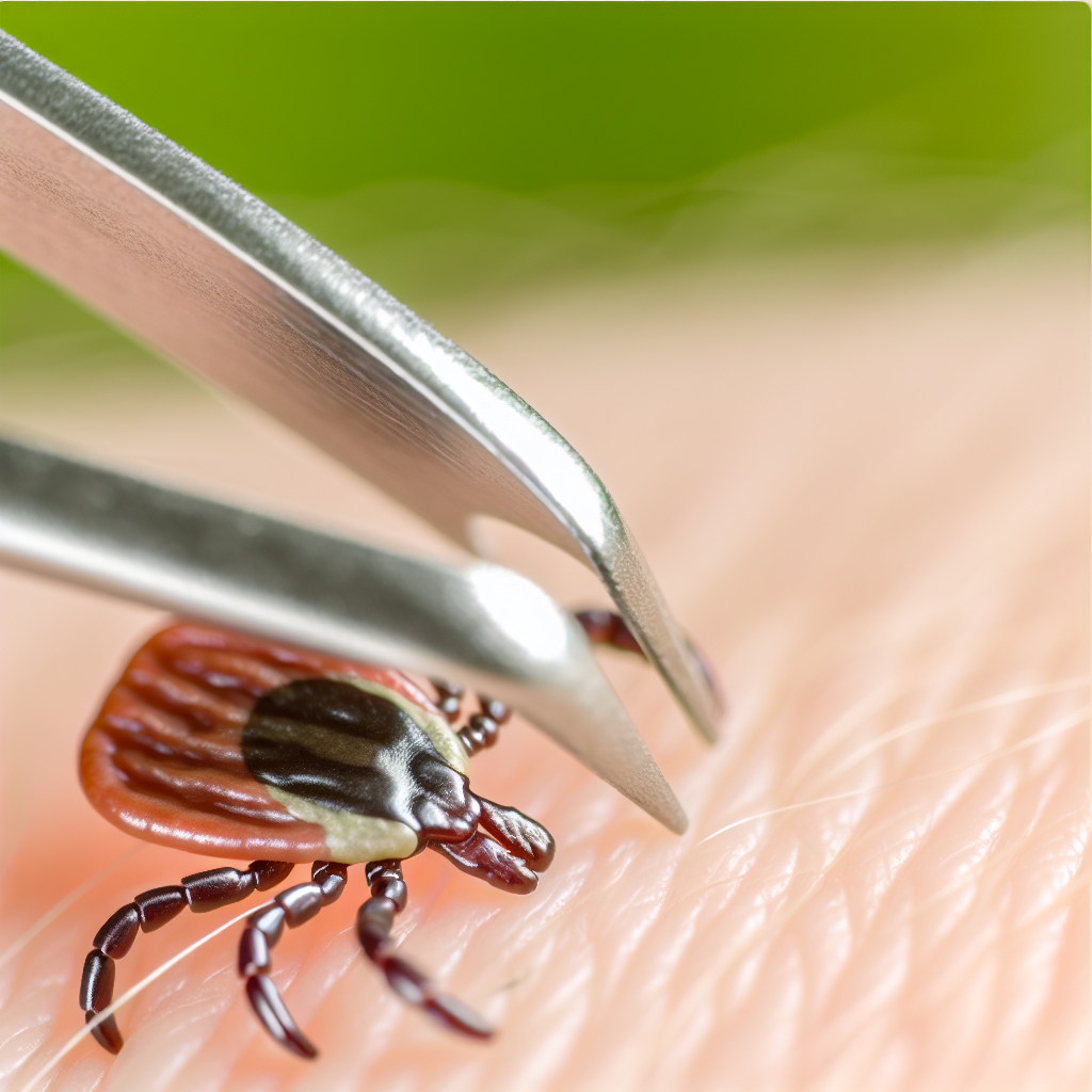 Close-up of a tick being removed from the skin with tweezers