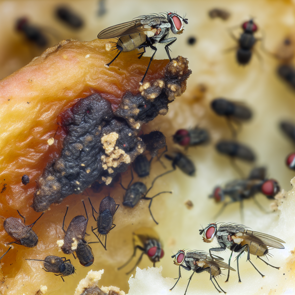 Close-up of fruit flies on overripe fruit
