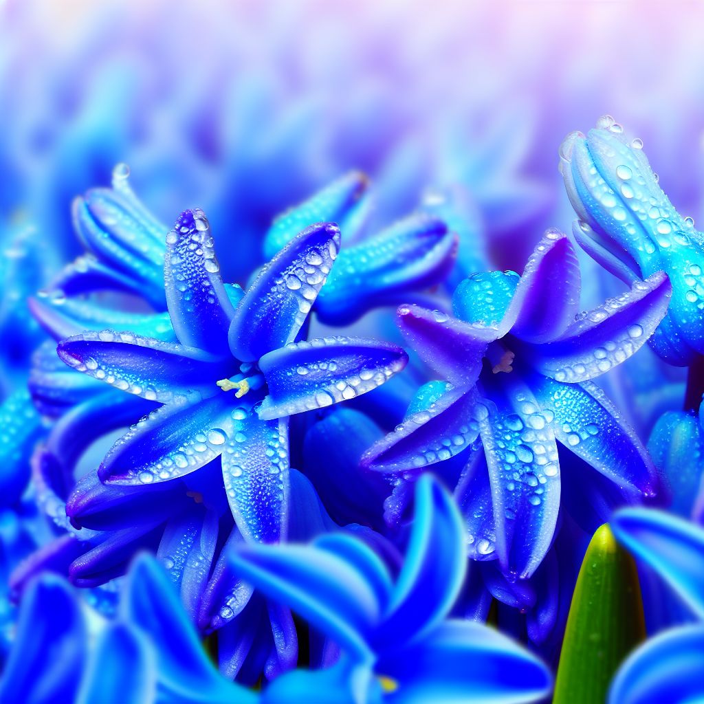 Close-up of vibrant blue hyacinth blooms with dew drops