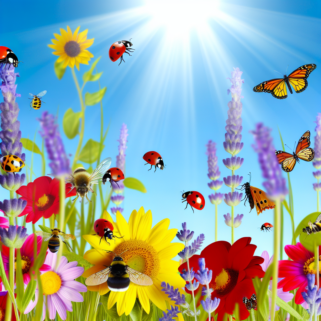 Diverse insects on bright garden flowers