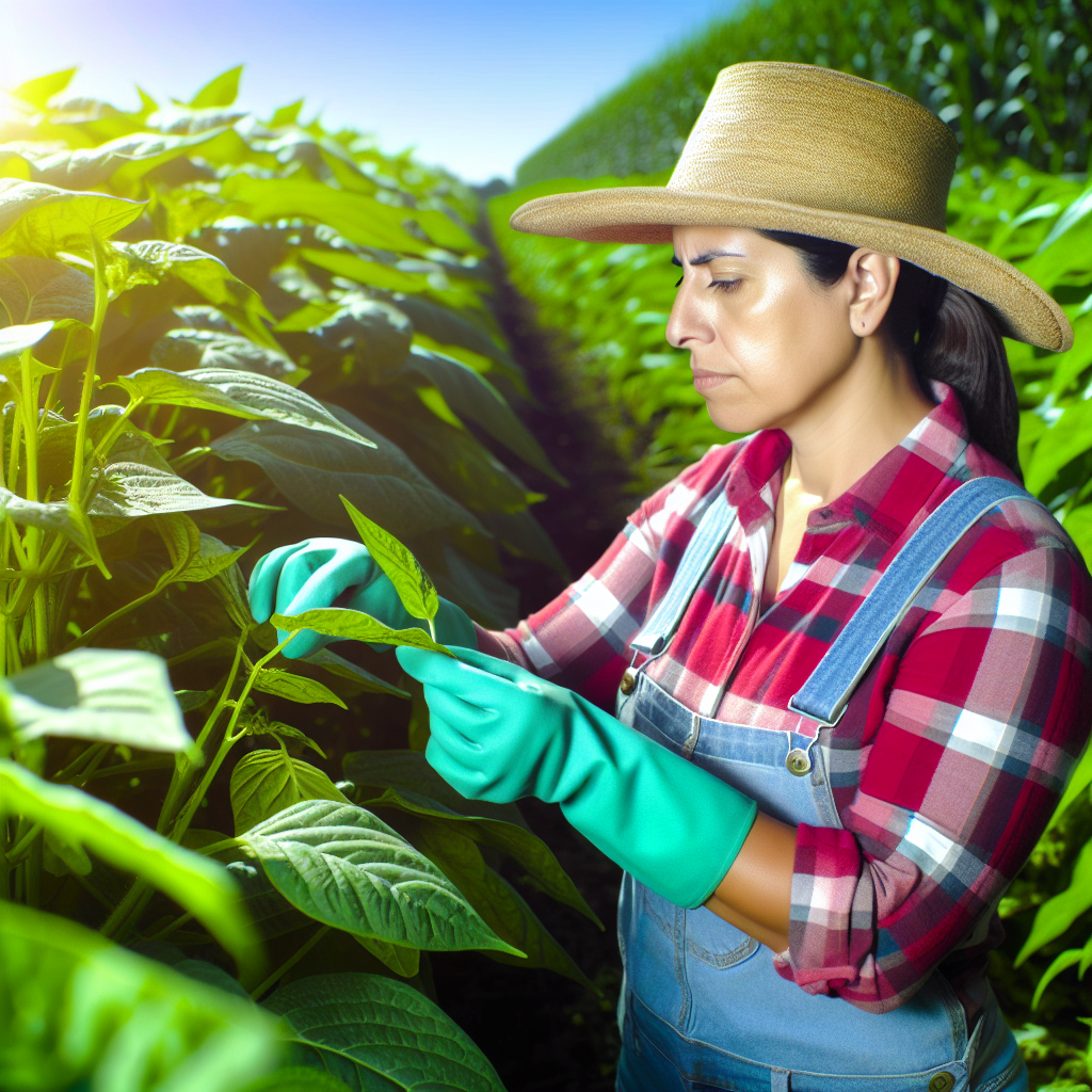 Farmer examining crops for pests in an eco-friendly farm