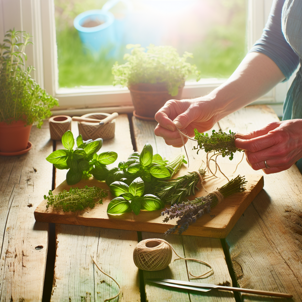 Freshly harvested herbs being prepared for drying
