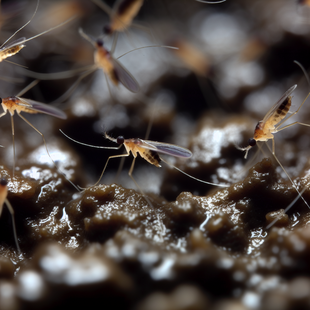 Fungus gnats on a wet soil surface