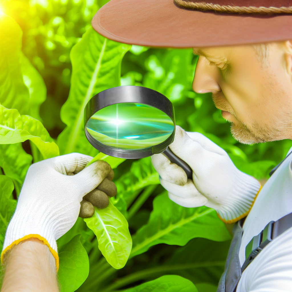 Gardener inspecting plants for pests