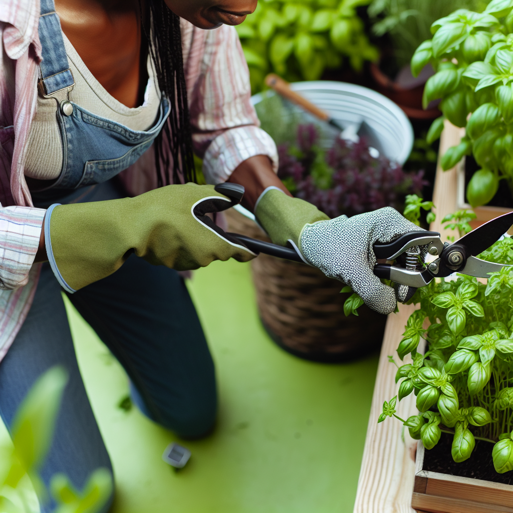 Gardener pruning herb plants with shears