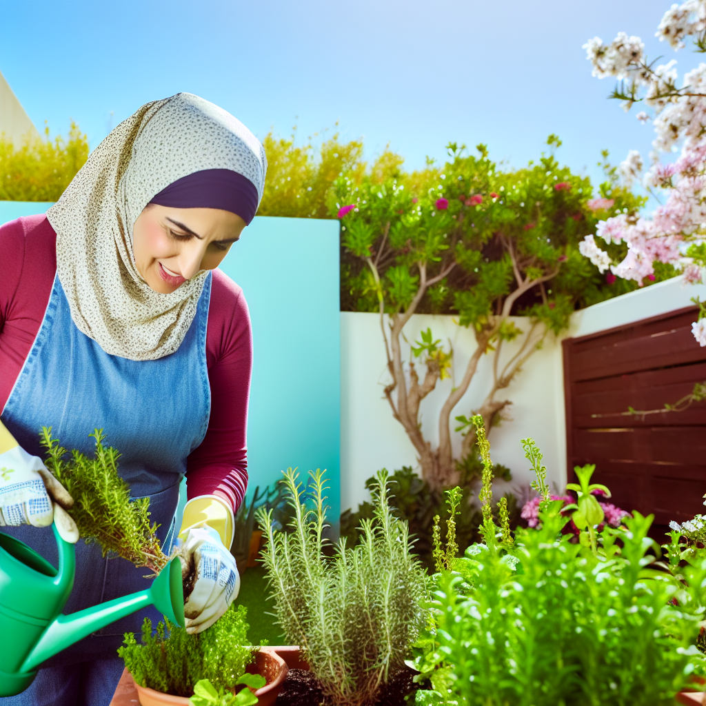 Gardener tending to perennial herbs in spring