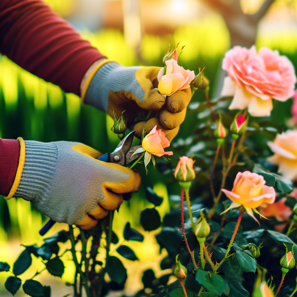 Hands of a gardener wearing gloves deadheading roses in the early morning sunlight