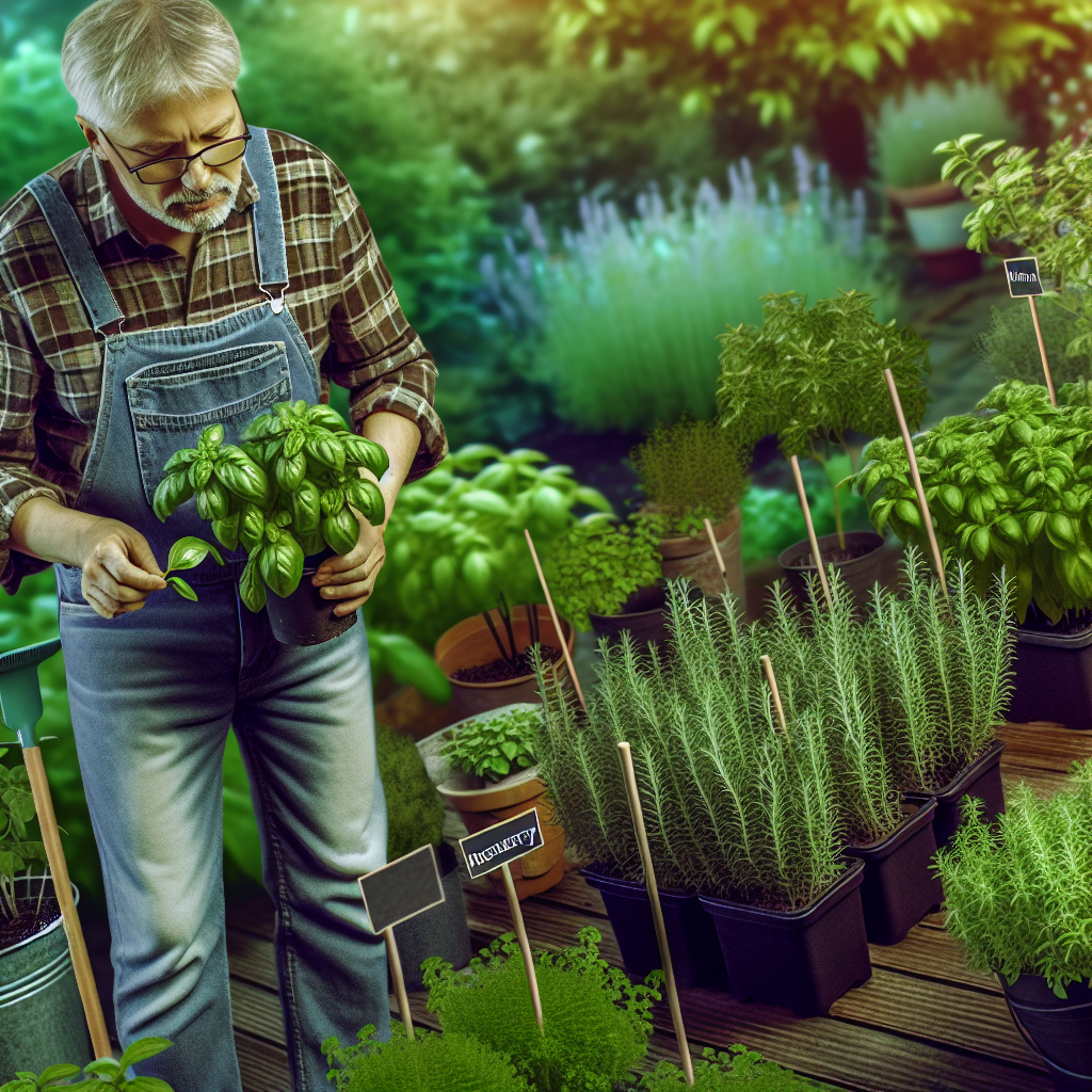 Herbalist inspecting basil plants for signs of mildew