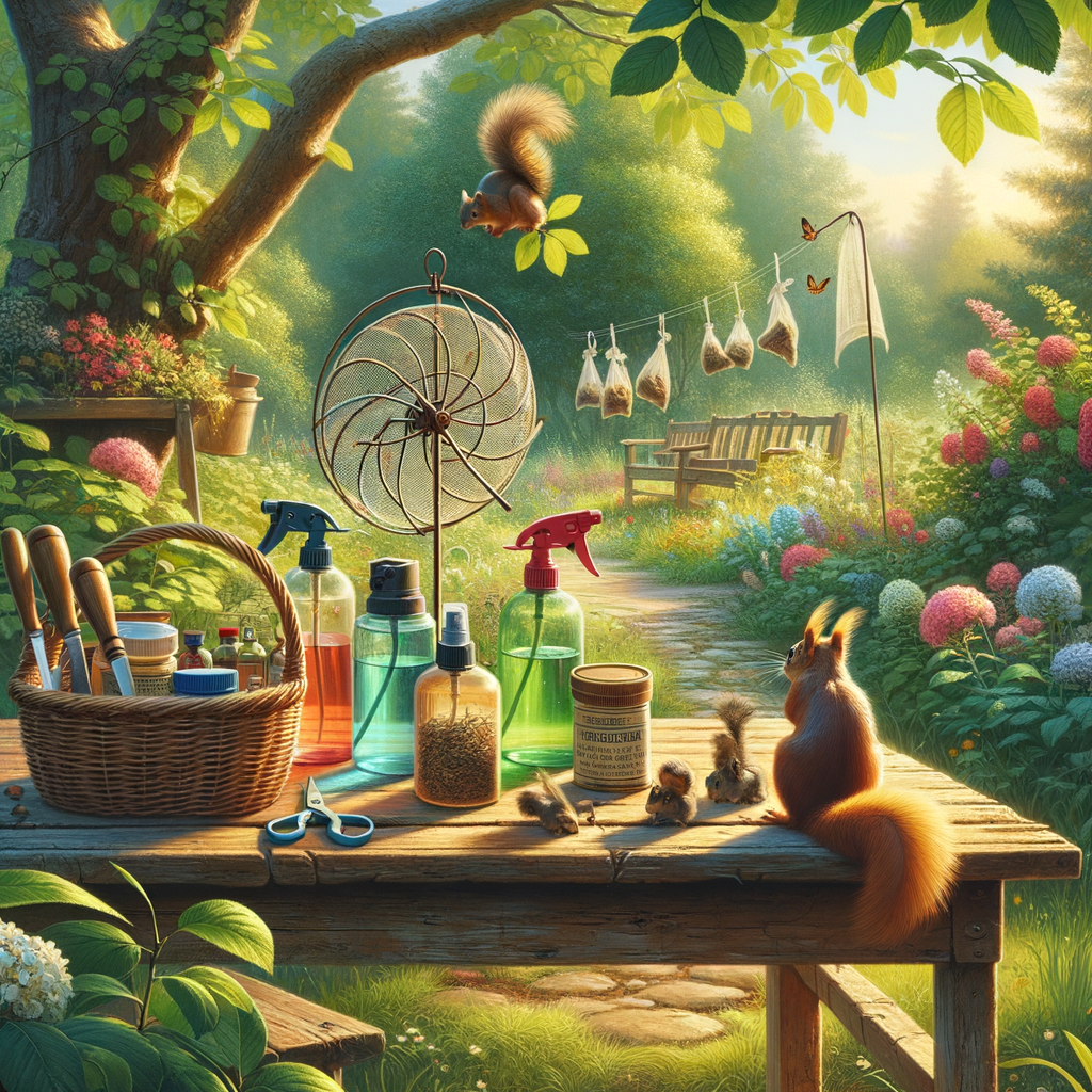Homemade squirrel deterrents displayed on a garden table