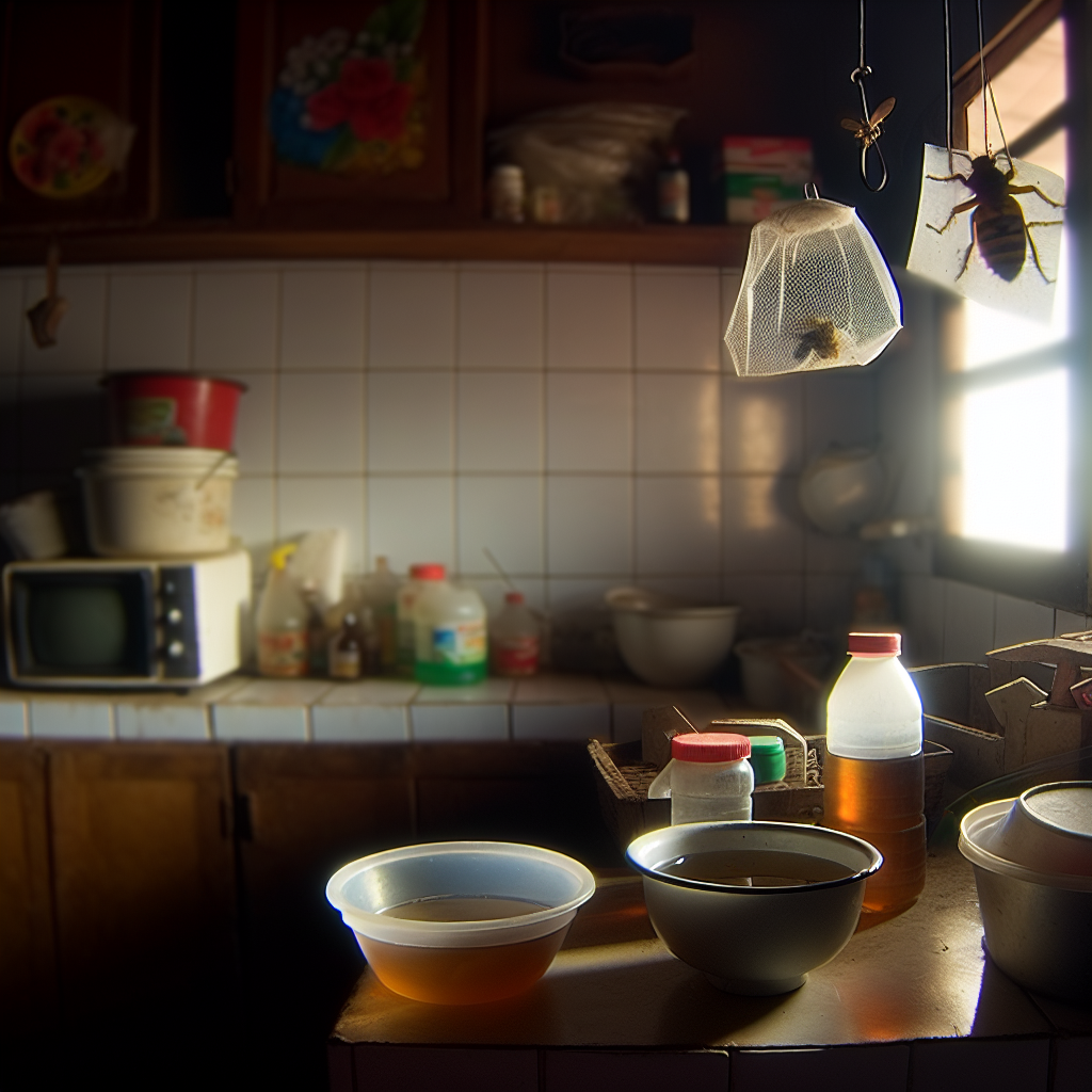 Homemade traps set up in a kitchen to catch flies