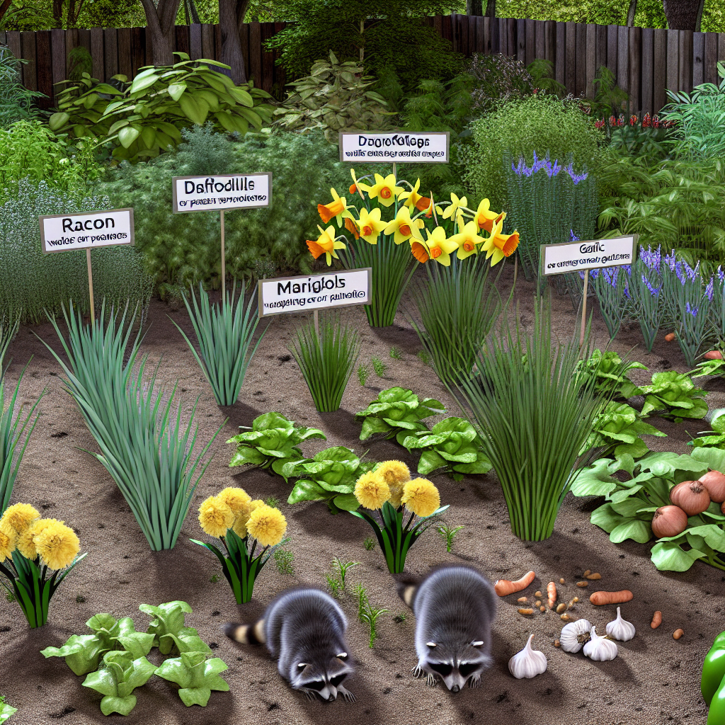 Illustration of a garden layout incorporating raccoon-repellent plants