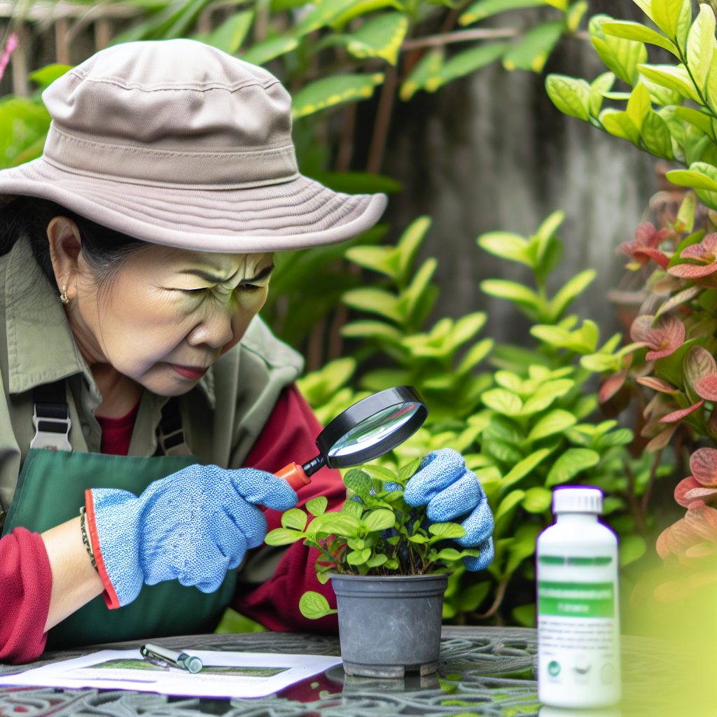 Image of a gardener inspecting plants for ticks as part of a regular monitoring routine