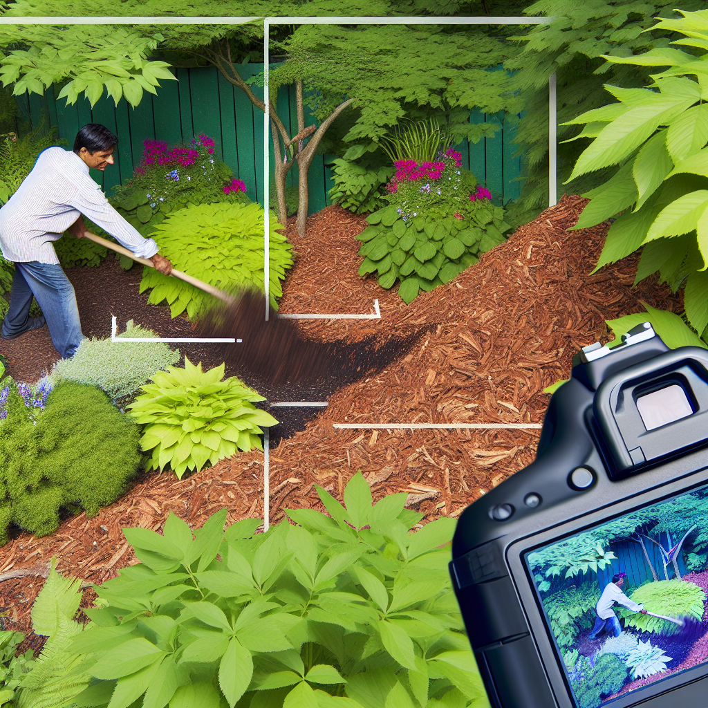 Image of cedar mulch being spread around a garden perimeter