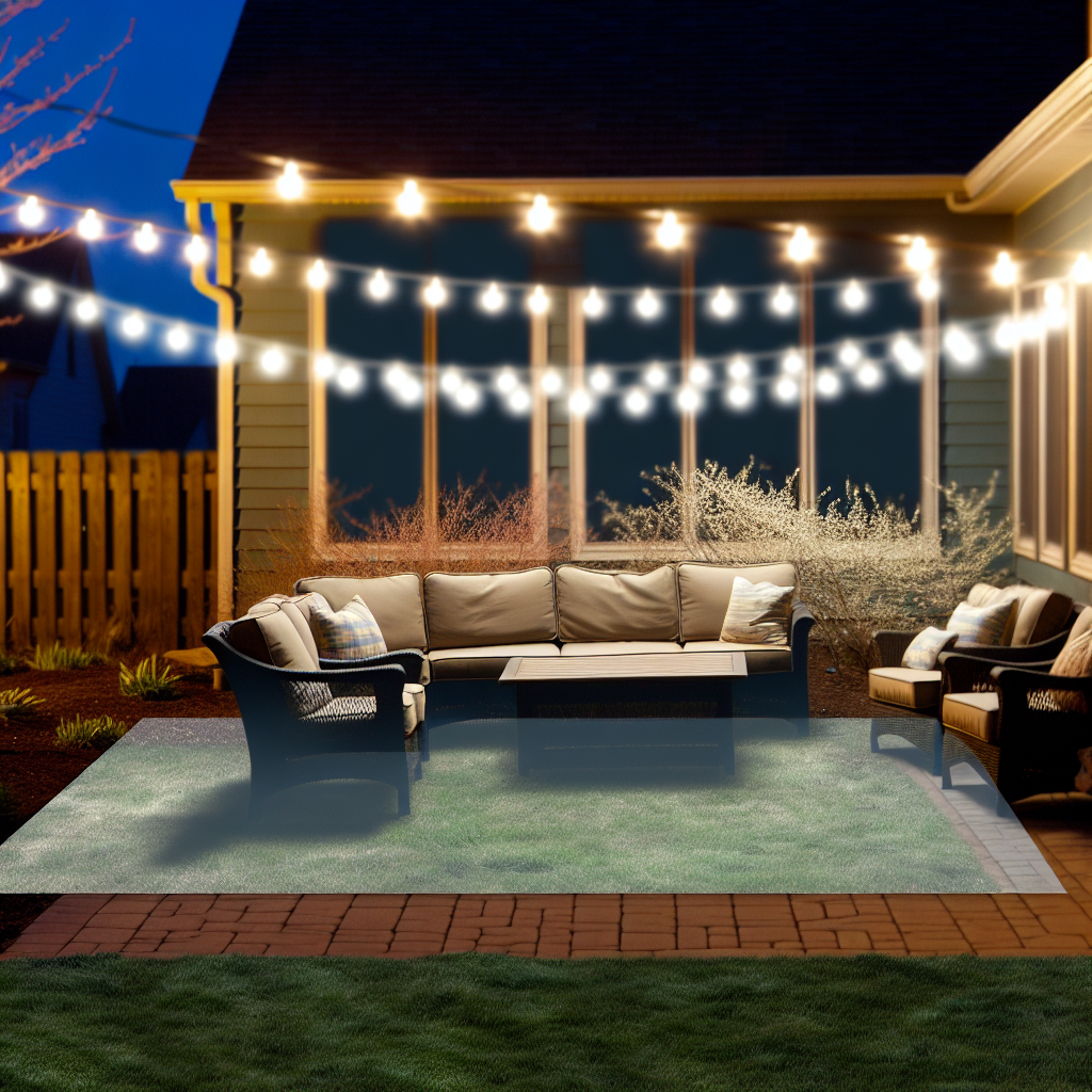 Inviting backyard evening scene with string lights and comfortable seating