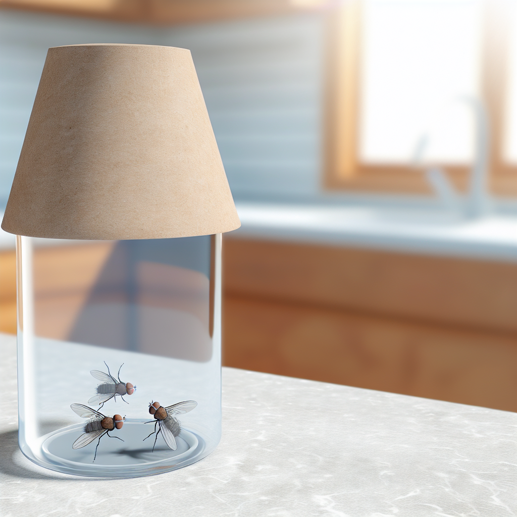 Paper cone fly trap set in place with visible flies trapped inside