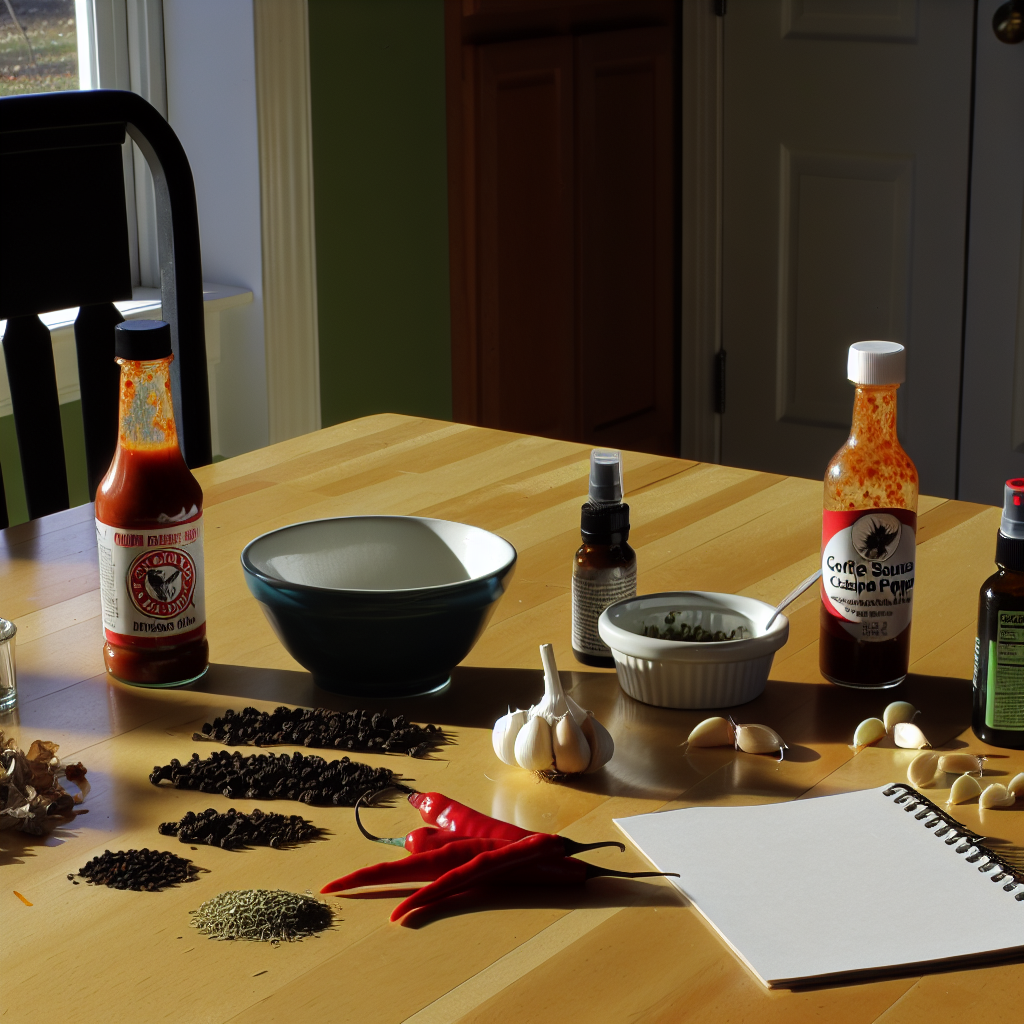 Photo of hot sauce, cayenne pepper, and other ingredients for spicy repellent