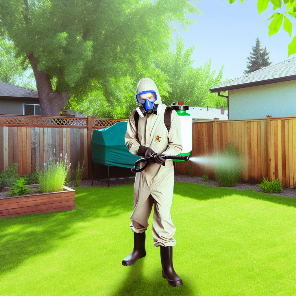 Professional pest control technician spraying backyard