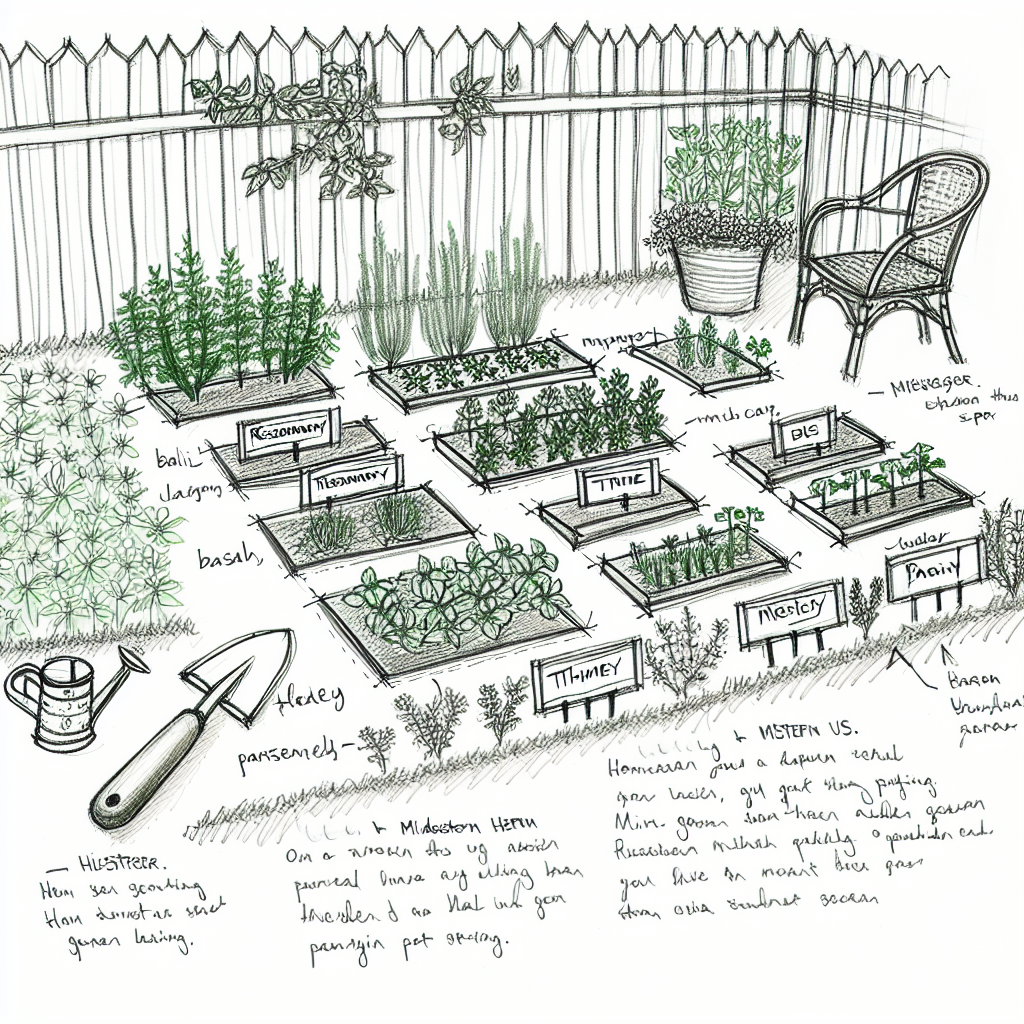 Sketch of an herb garden layout with labeled plants