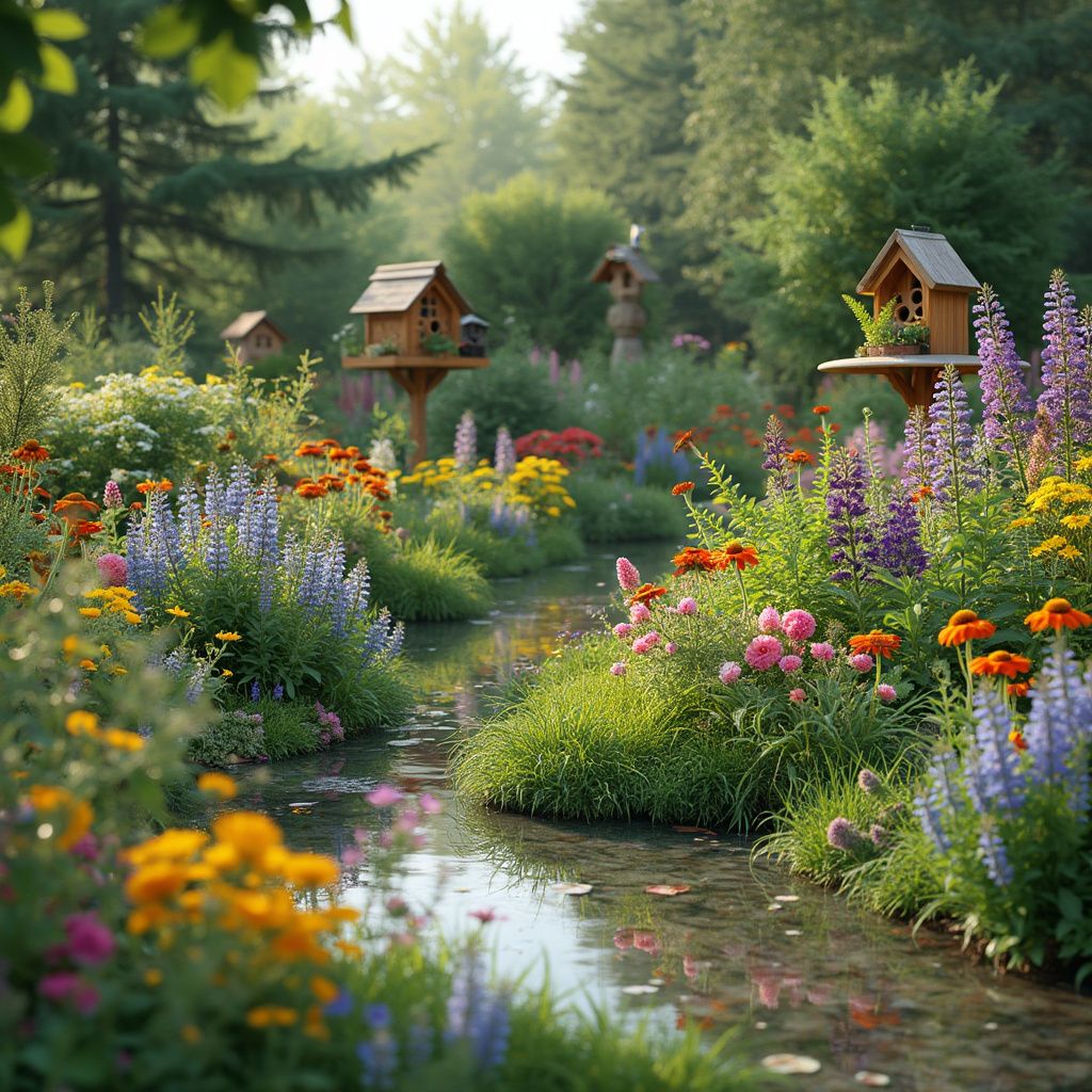 Wildlife-friendly garden with birdhouses, native flowers, and a small water source