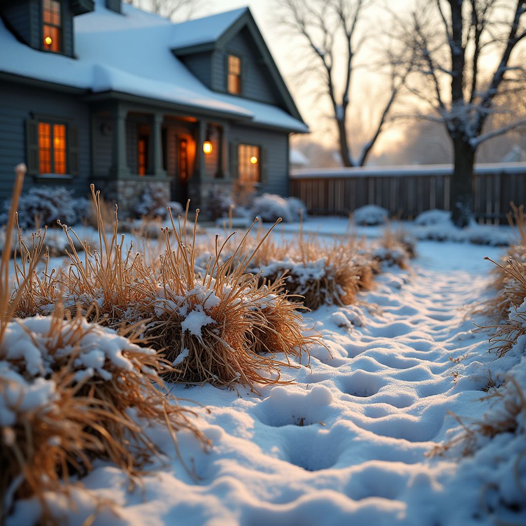 Winter garden with bulbs protected by straw mulch