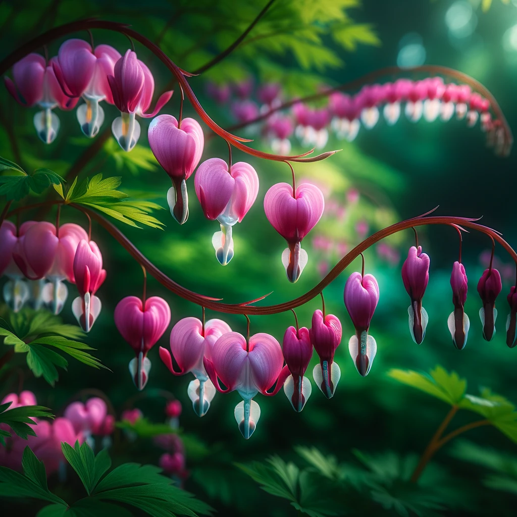 Bleeding heart plant with its distinctive heart-shaped pink and white flowers