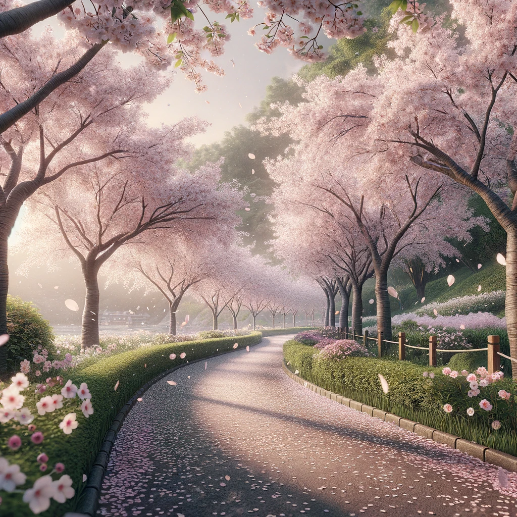 Cherry blossom trees lining a pathway, with petals gently falling.