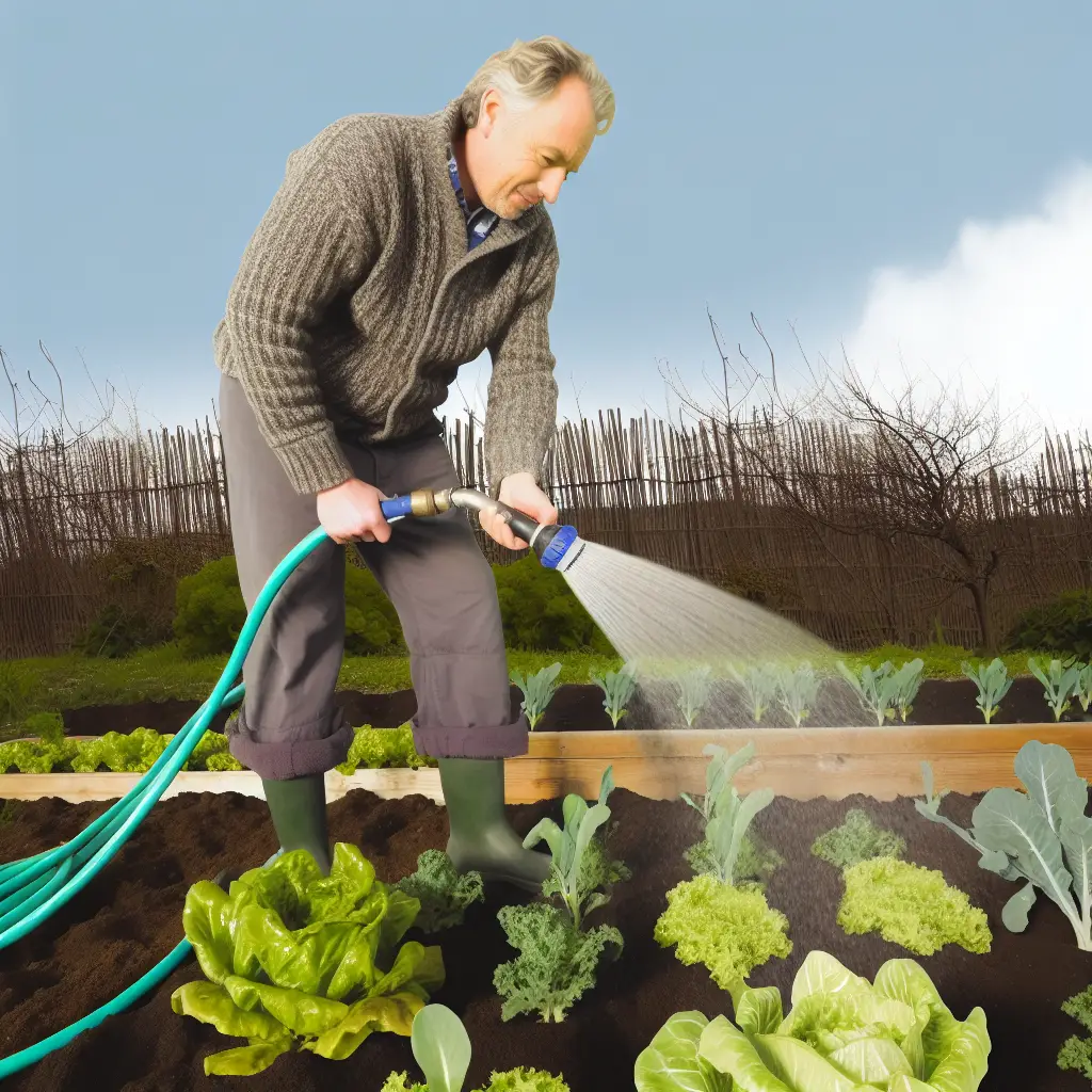 Image showing a gardener using a soaker hose in a vegetable garden