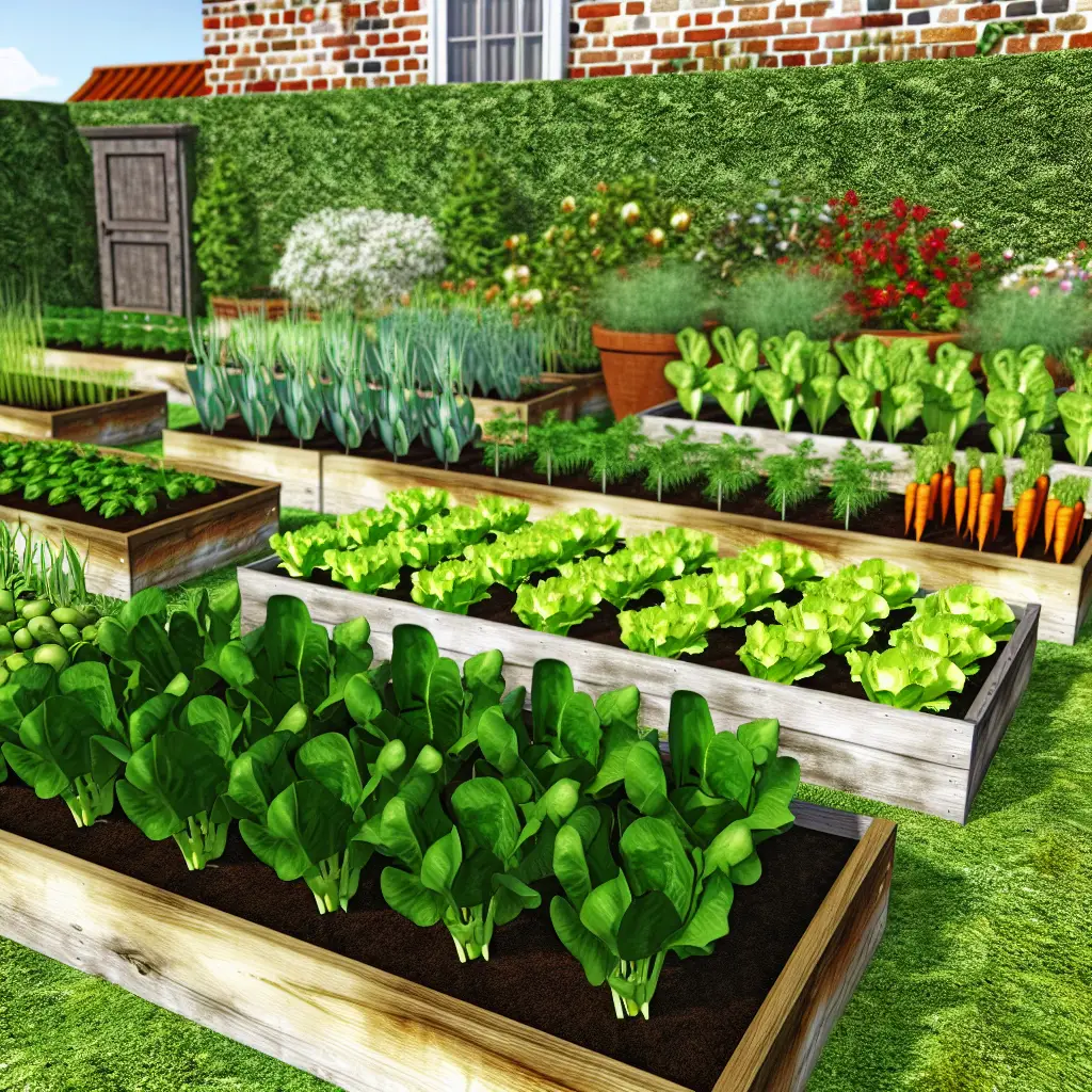 Image showing a beautifully organized garden with raised beds and containers filled with spring vegetables
