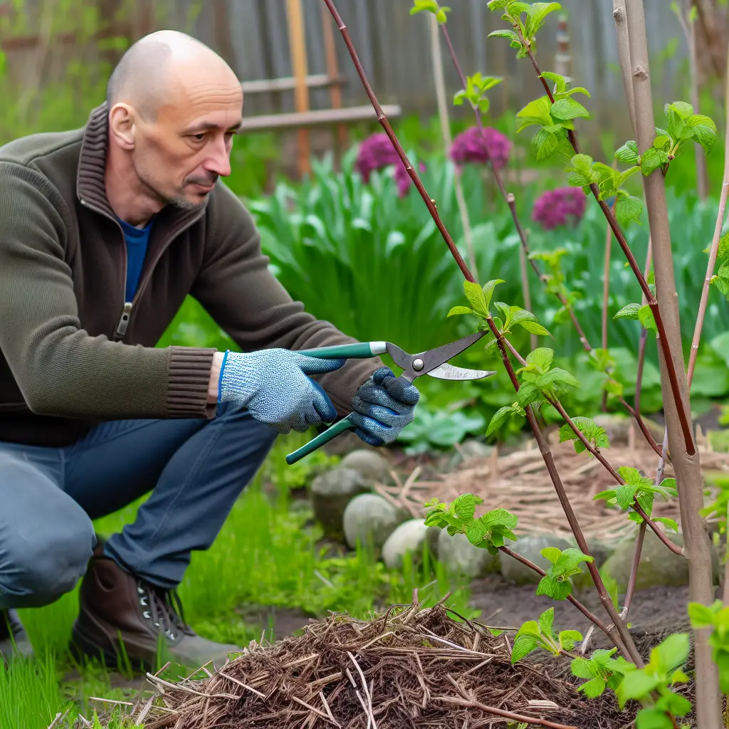 Gardener pruning a perennial plant carefully with sharp shears
