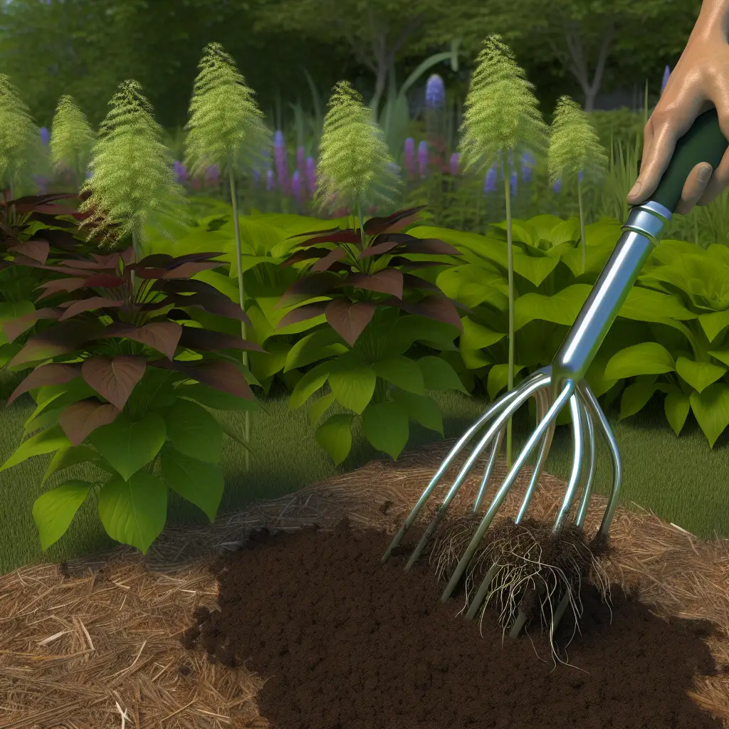 Garden fork gently lifting a clump of perennials for division