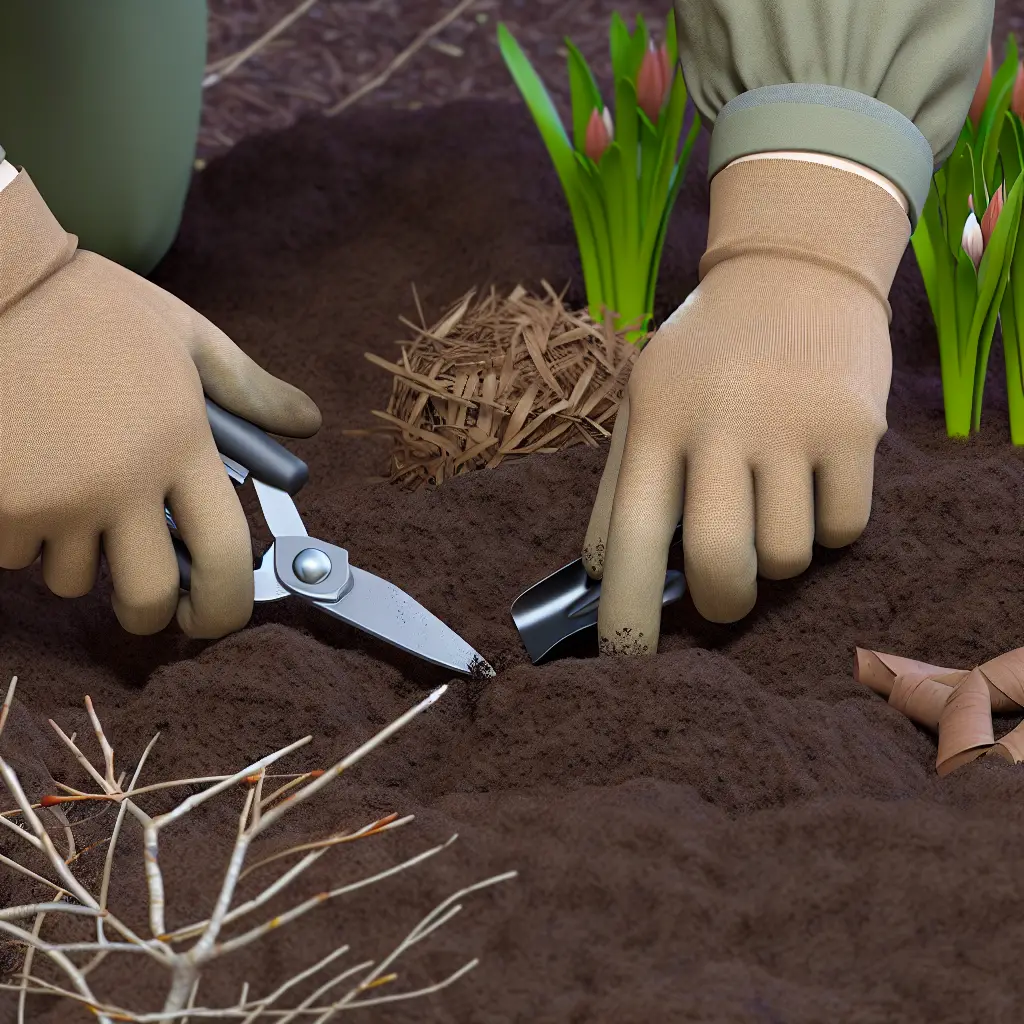 Close-up of gardening tools and hands working in the soil