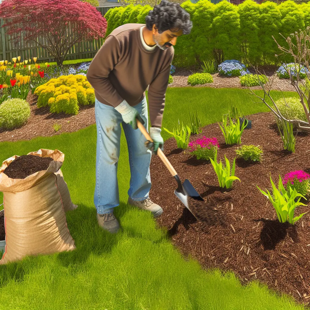 Applying organic mulch around perennials in a garden bed
