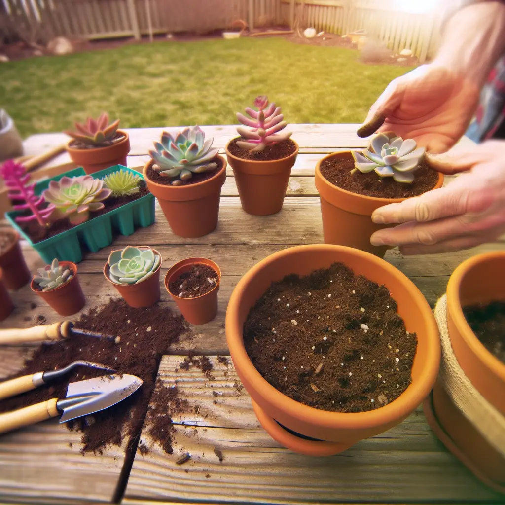 Selection of succulents being repotted into fresh soil for optimal spring health