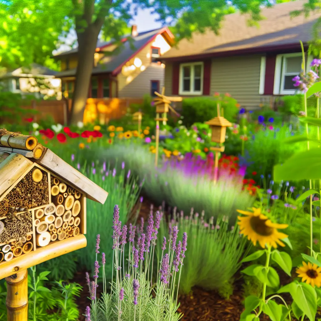 A bee hotel set amongst flowering plants in a vibrant garden, providing nesting sites for solitary bees