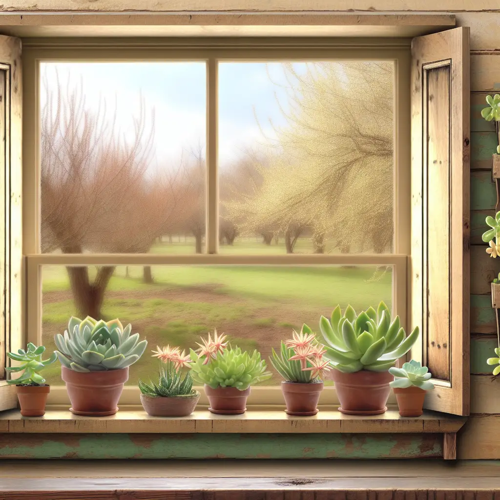 Pleasantly arranged succulents acclimating to spring sunlight on a window ledge