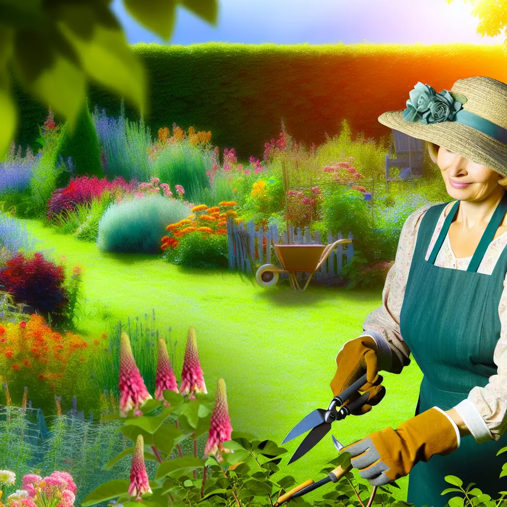A gardener peacefully tending to a vibrant, well-maintained garden, embodying the harmony between diligent tool care and gardening success