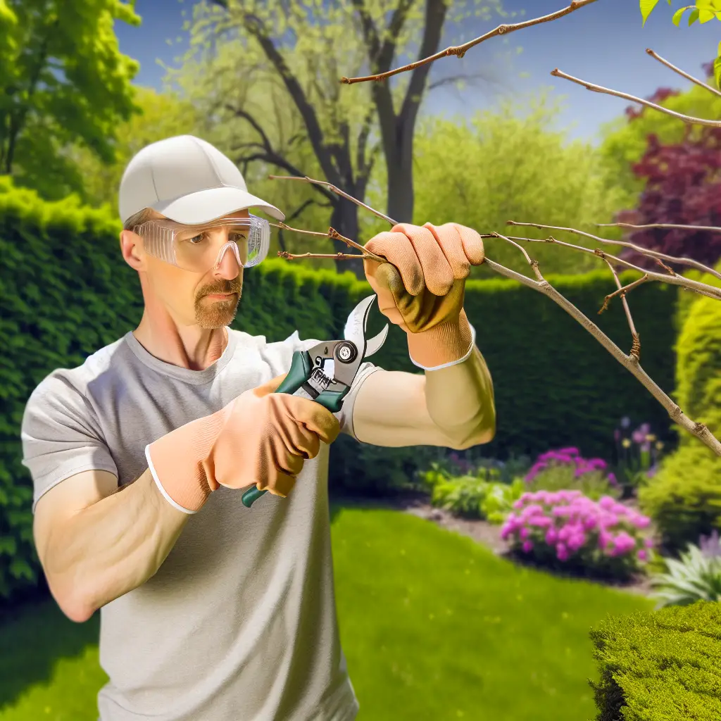 Demonstrating the proper use of pruning shears with safety gloves and glasses for injury prevention