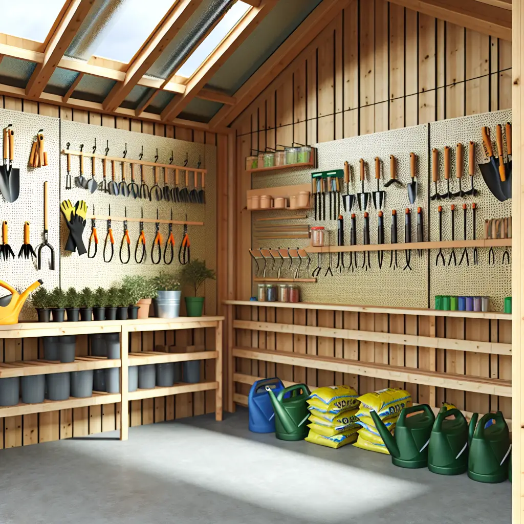 A well-organized garden shed with tools stored on pegboards and shelves, exemplifying efficient storage solutions
