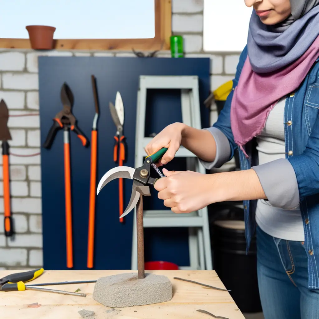 Demonstrating the correct sharpening technique on pruning shears