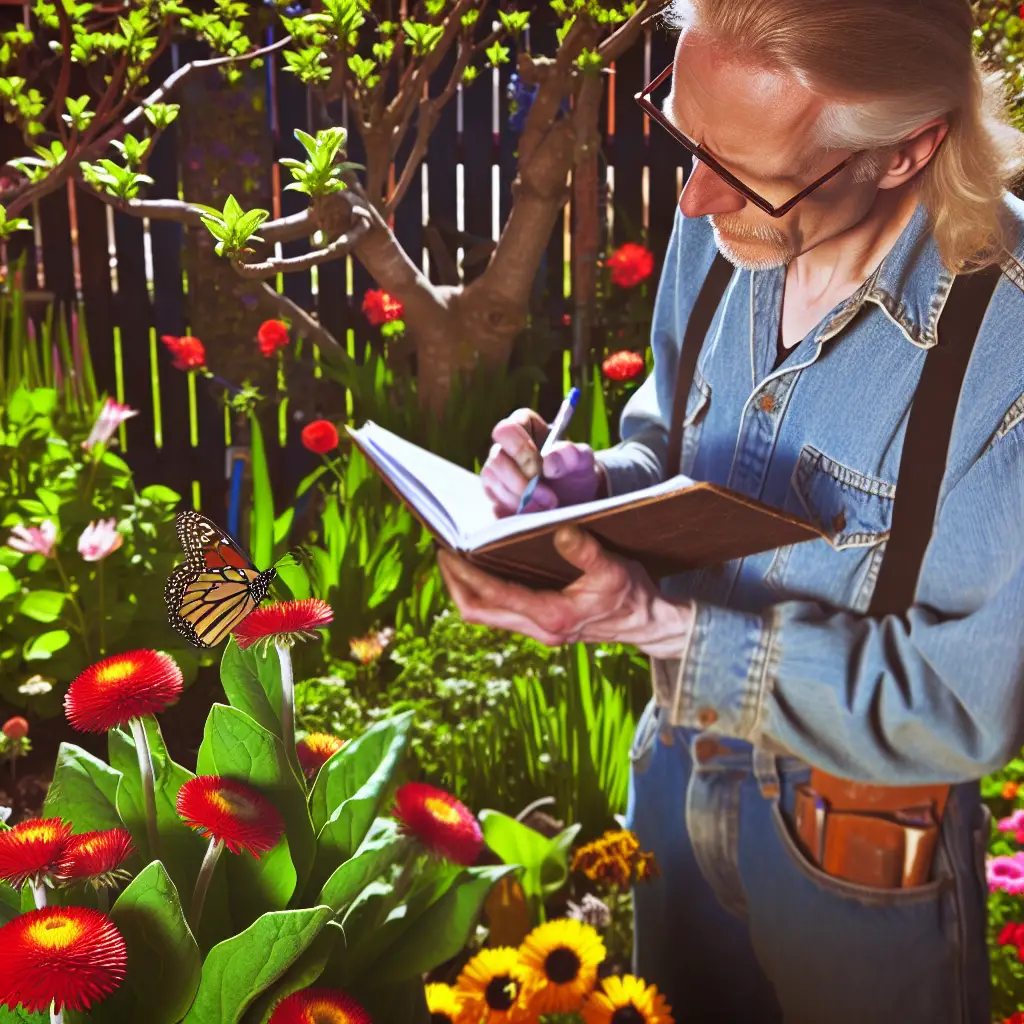 A gardener jotting down notes in a journal while observing a butterfly on a flower