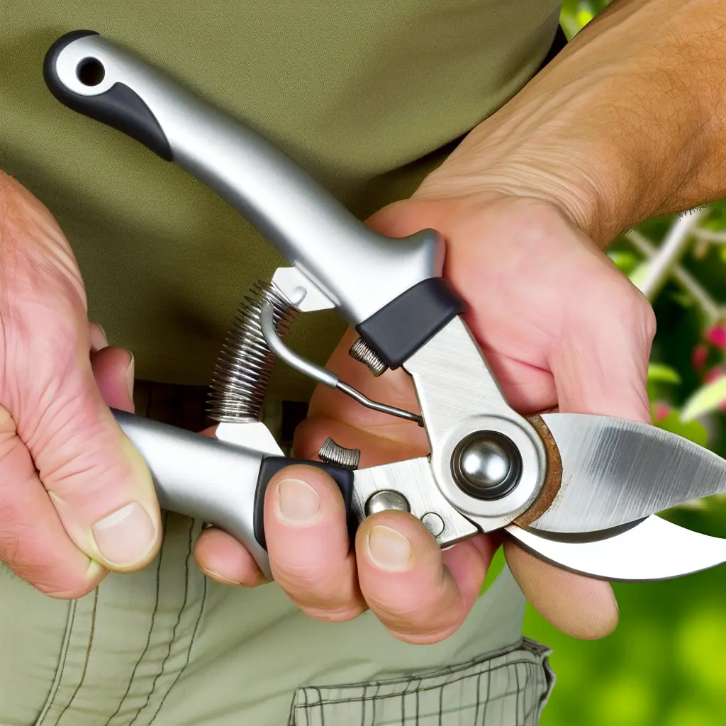 Close-up of well-maintained pruning shears, emphasizing the importance of sharp, rust-free tools