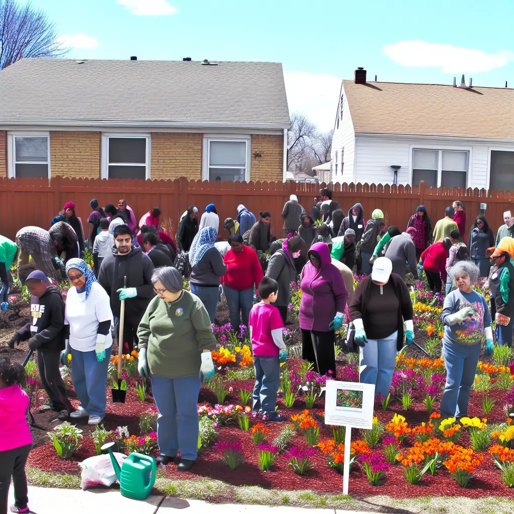 A group of volunteers planting a pollinator garden in a community park, working together to support local ecosystems